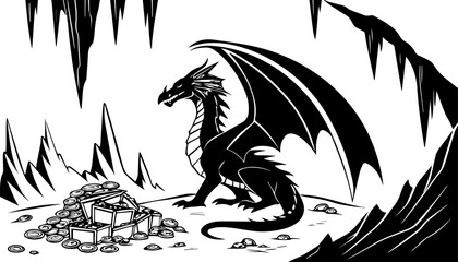 Fantasy Dragon Guarding Treasure in a Cave - Vector Illustration