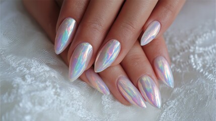 Hand with holographic stiletto nails on white lace fabric