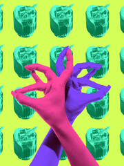 Colorful pop art collage with hands making gesture with cocktail pattern background. Concept of bar advertising, nightlife promotions, event posters, social media marketing, and creative branding.