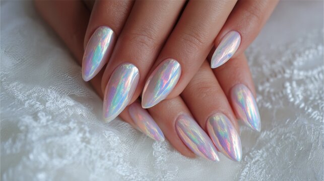 Hand with holographic stiletto nails on white lace fabric