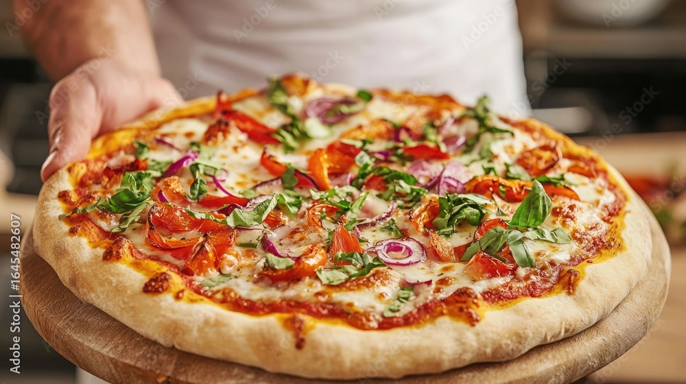Aufkleber freshly baked homemade pizza with a crispy golden crust topped with a colorful array of nutritious v