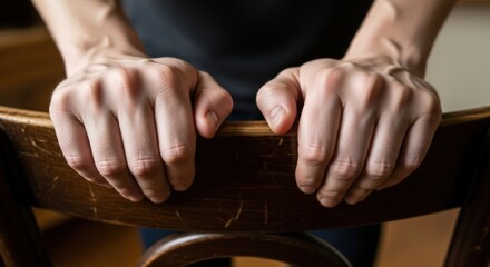Person gripping the edge of a wooden chair with their hands