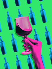 Bright collage. Pink hand holding wine glass over bright bottle pattern pop art style. Concept of wine advertising, product packaging design, event marketing, bar menus, and luxury lifestyle branding.