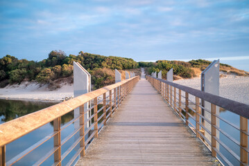 Naklejka premium The perfect path for a walk in nature a modern wooden bridge over a lagoon summer vacation concept