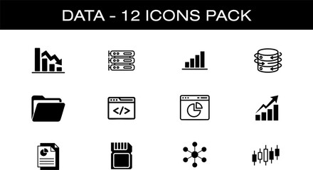 Modern data icons showcase analytics, storage, coding, and growth trends for digital business strategies