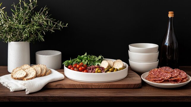 Beautifully arranged charcuterie board with variety of gourmet meats cheeses olives grapes and fresh herbs displayed on a rustic wooden table for an elegant entertaining or dining occasion