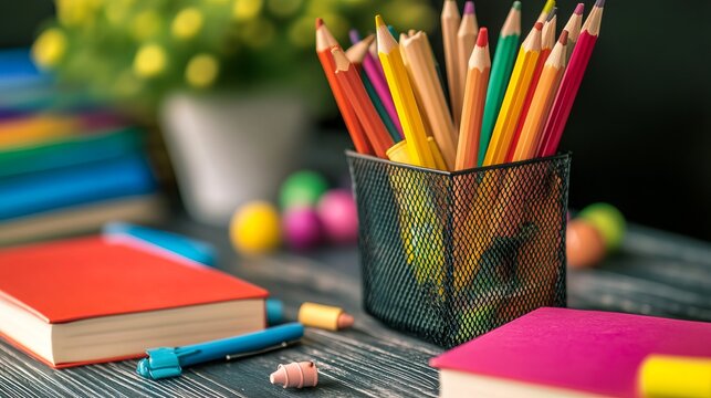 Colorful pencils and books on a dark wooden table