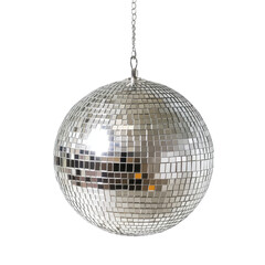 Silver disco ball hanging against black background Party decoration mirrored sphere, isolated on a transparent background