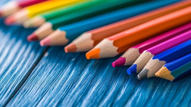 Colorful pencils arranged on a vibrant blue wooden surface