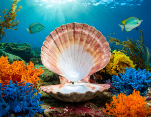 Open pearl shell underwater surrounded by coral reef and sunlight rays. Generative AI