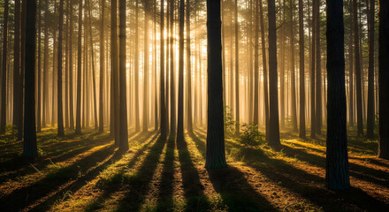 Fototapeta premium A stunning and realistic scenic image of a misty forest with sunlight shining through the trees, casting long shadows