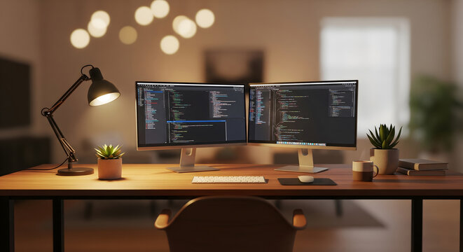 A photorealistic image of a dimly lit home office desk with two monitors displaying code and a lamp providing light