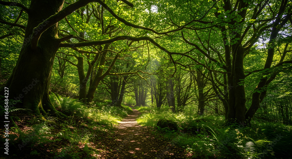 Poster a realistic and scenic image of a peaceful forest path with sunlight filtering through the dense can