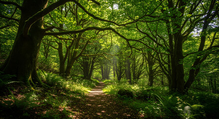 Obraz premium A realistic and scenic image of a peaceful forest path with sunlight filtering through the dense canopy, creating a magical atmosphere