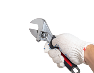 Worker’s Hand Holding Adjustable Pipe Wrench Isolated on White Background