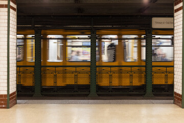 Underground yellow metro whipping buy in Budapest metro station on line 1