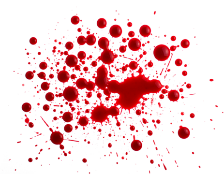 Red blood or paint flowing down on transparent background. Halloween, murder and horror concept. Red ink splash, splatter and stain.