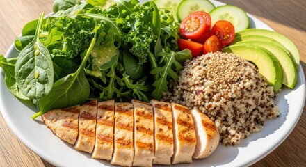 Grilled chicken breast with quinoa and fresh salad