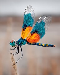 Vivid Blue and Orange Dragonfly Perched on a Dry Stalk Outdoors