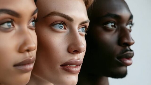 Striking assembly of human profiles featuring varied complexions and expressions, celebrating global commonality