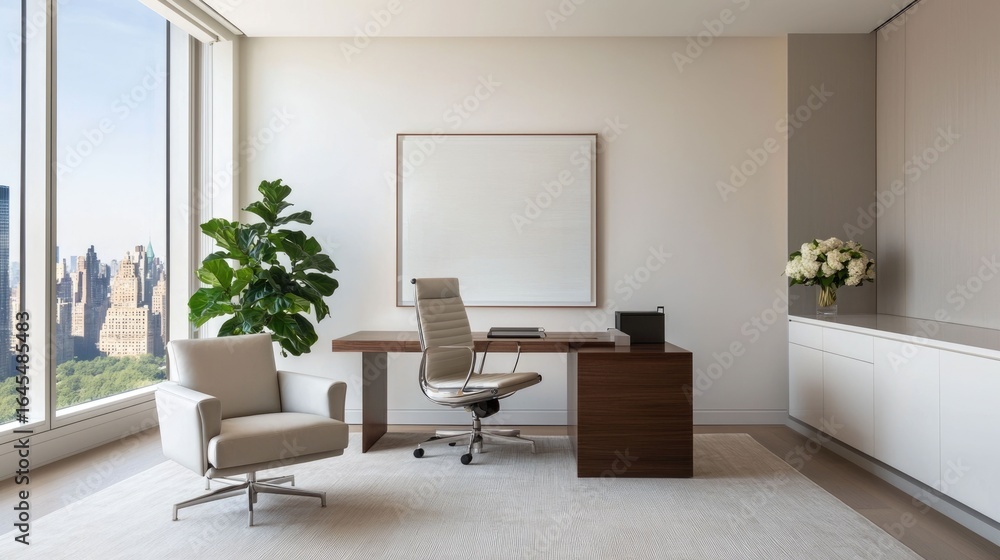 Poster elegant and modern home office setup featuring designer furniture a large window with a view of the 