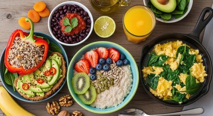 Healthy breakfast spread with avocado toast, oatmeal, and scrambled eggs