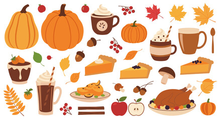 Delicious autumn harvest food and drink collection featuring pumpkins pies turkey and hot beverages