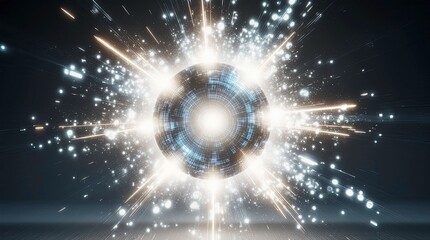 Futuristic glowing energy sphere at the center of a symmetrical digital explosion with radial light, AI generative