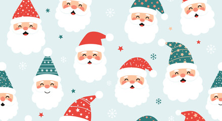 A festive repeating pattern of cheerful santa claus faces with red and teal hats adorned with stars and snowflakes on a light blue winter holiday background
