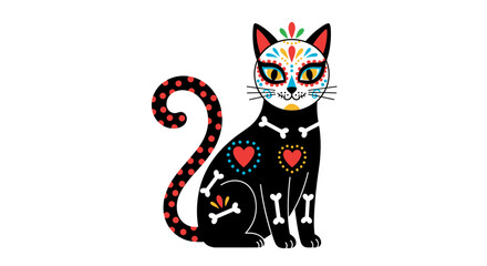 A whimsical black cat adorned with vibrant sugar skull day of the dead inspired floral patterns and bone accents