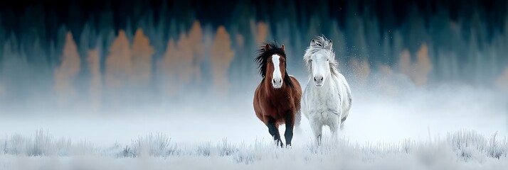 Two Majestic Horses Running Through a Snowy Field