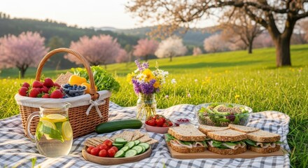 Delicious picnic spread with fresh food and drinks on a checkered blanket