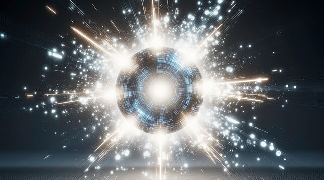 Futuristic glowing energy sphere at the center of a symmetrical digital explosion with radial light, AI generative