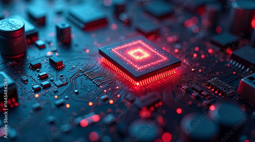 Poster modern technology circuit board component with red integrated chip connection innovation and efficie