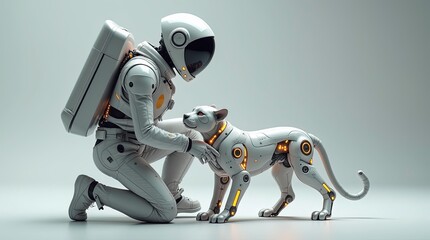 Astronaut in a white spacesuit kneeling and gently interacting with a robotic panther, sleek cybernetic design, glowing orange lights on the panther's body.