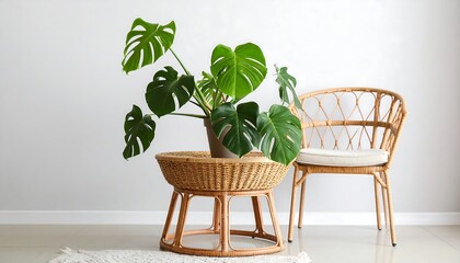 Lush plant, wicker furniture, modern room