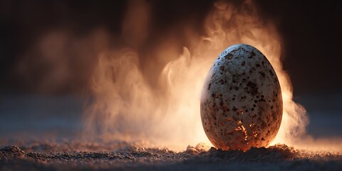 Fototapeta premium Broken dinosaur egg resting on a table surrounded by natural elements with warm backlight