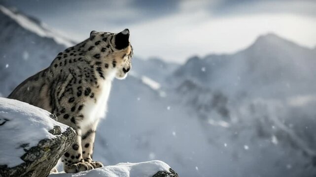 majestic snow leopard in winter mountains