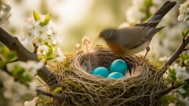 robin bird nesting blue eggs spring blossoms nature