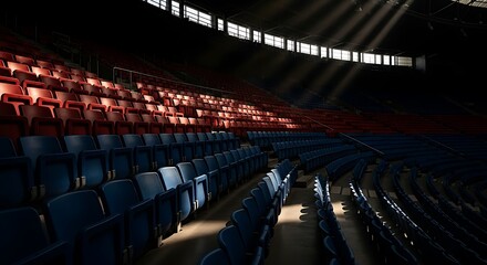 Obraz premium A moment of stillness dramatic light beams shine on empty seats in a silent grand auditorium.