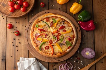 Delicious homemade pizza topped with fresh vegetables and tomatoes