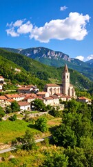 Fototapeta premium Hillside village nestled in mountains, church prominent