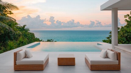 Fototapeta premium Panoramic view of a luxurious beachfront terrace with comfortable loungers overlooking a breathtaking sunset over the ocean
