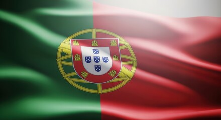 Portuguese Flag with Green Red Colors and Coat of Arms Wide Waving in Wind