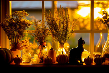 窓辺に飾られたハロウィン雑貨と猫のオブジェのシルエット.Generative AI