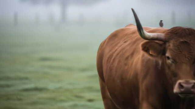 brown cow with bird in misty pasture