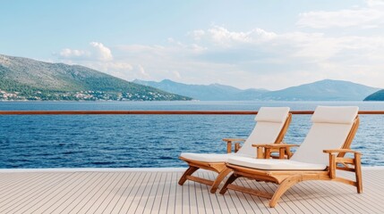Fototapeta premium Luxurious cruise ship deck adorned with plush sun loungers offering unparalleled views of the mesmerizing sea and horizon An idyllic escape for relaxation rejuvenation