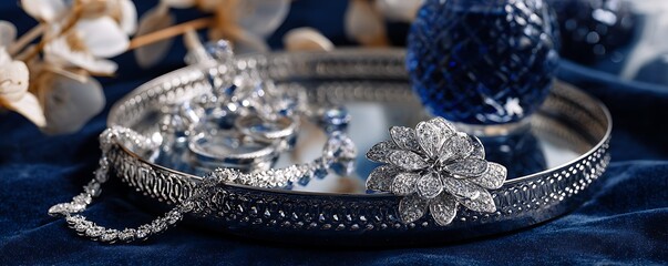 Jewelry set on deep navy crushed velvet with mirrored crystal tray