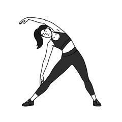 Fitness Stretch: A determined woman, clad in athletic attire, gracefully executes a side stretch, showcasing the beauty of movement and the pursuit of physical well-being.