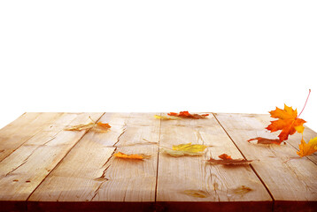 Autumn maple leaves on wooden background. Product podium